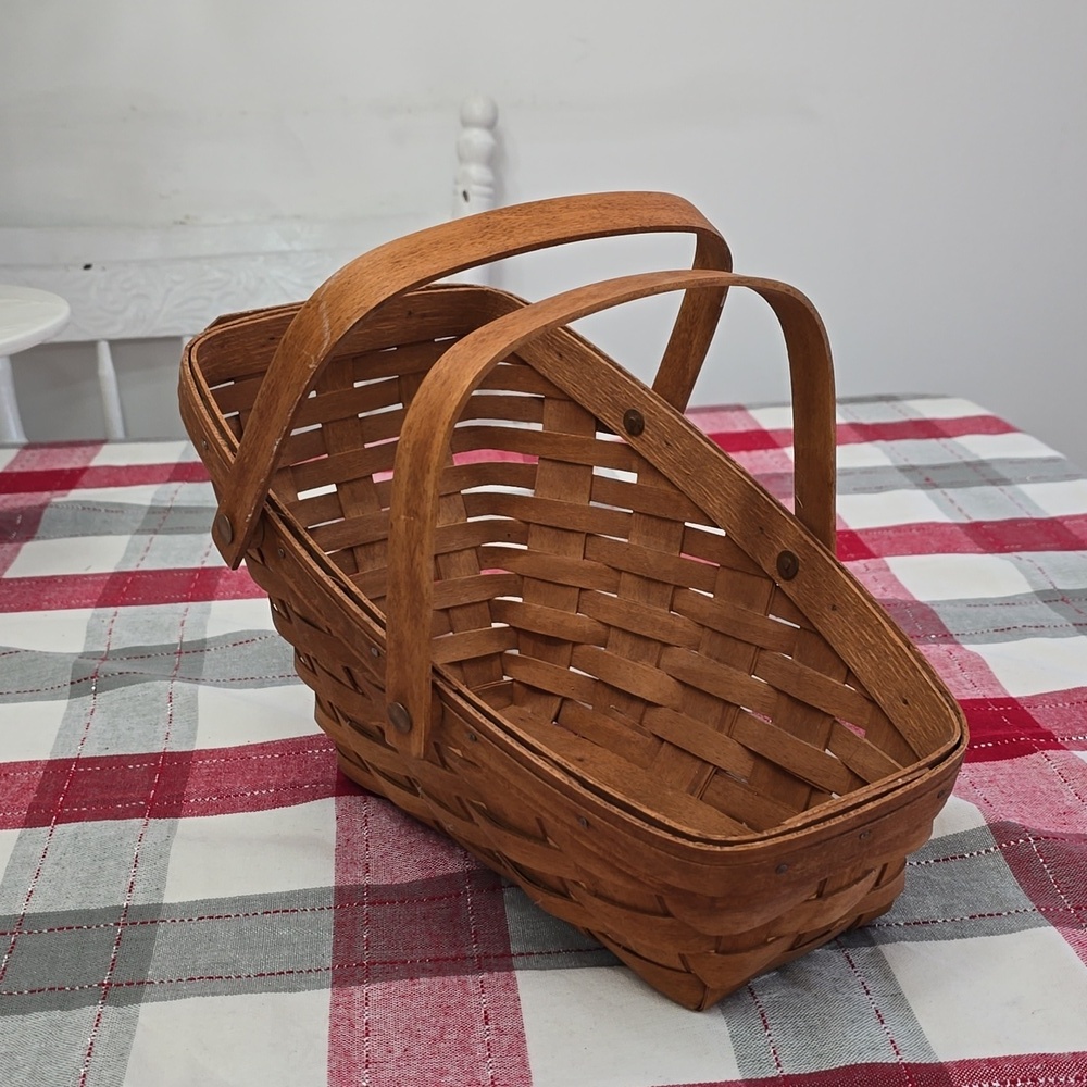 Vintage 1993 Signed Longaberger Angled Fruit Wine Basket Double Swing Handles